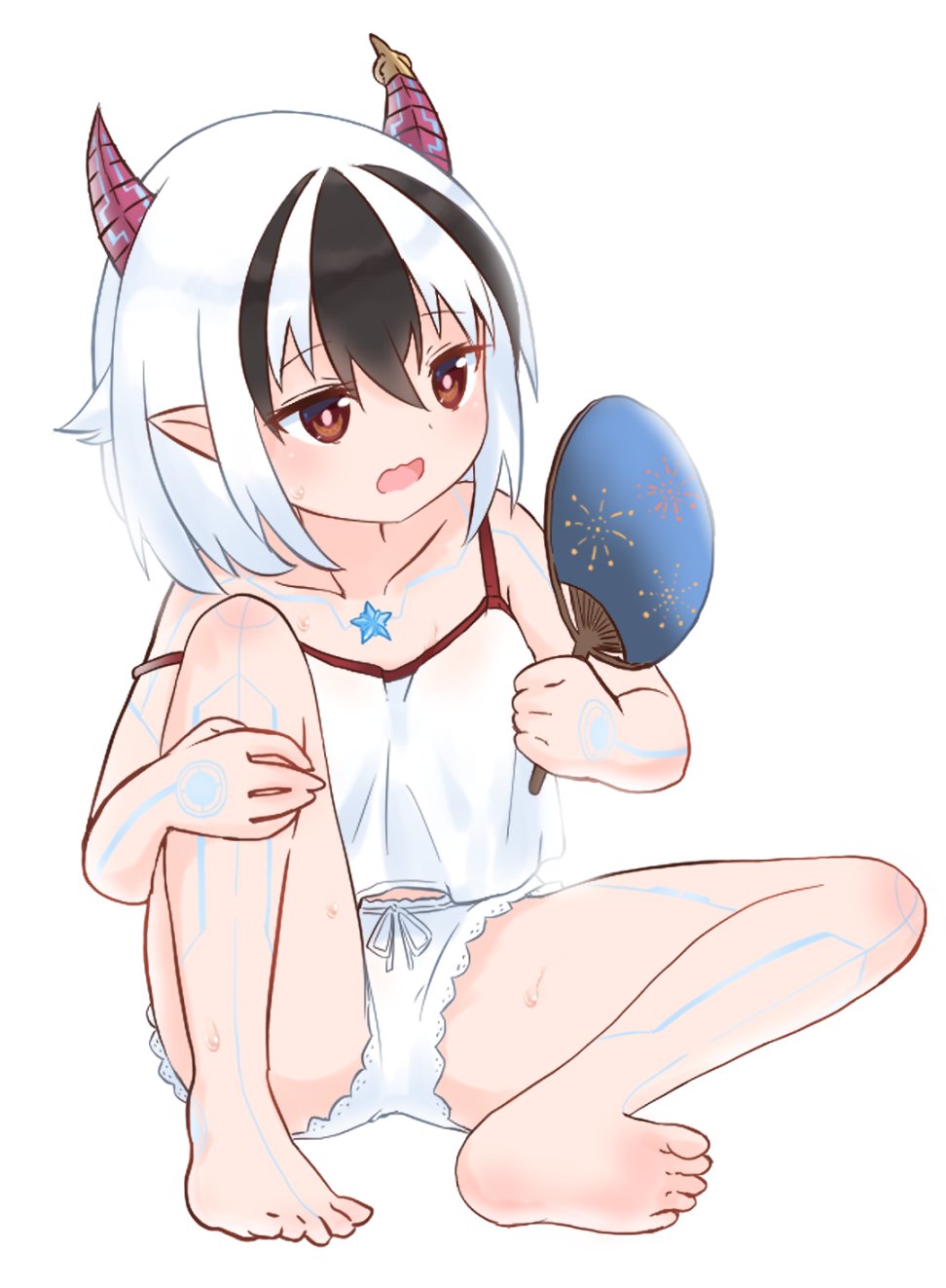 1girl, barefoot, chest_jewel, crossette_(xenoblade), highres, horns, multicolored_hair, paskmel, pointy_ears, red_eyes, short_hair, simple_background, solo, sweat, white_background, xenoblade_chronicles_(series), xenoblade_chronicles_2