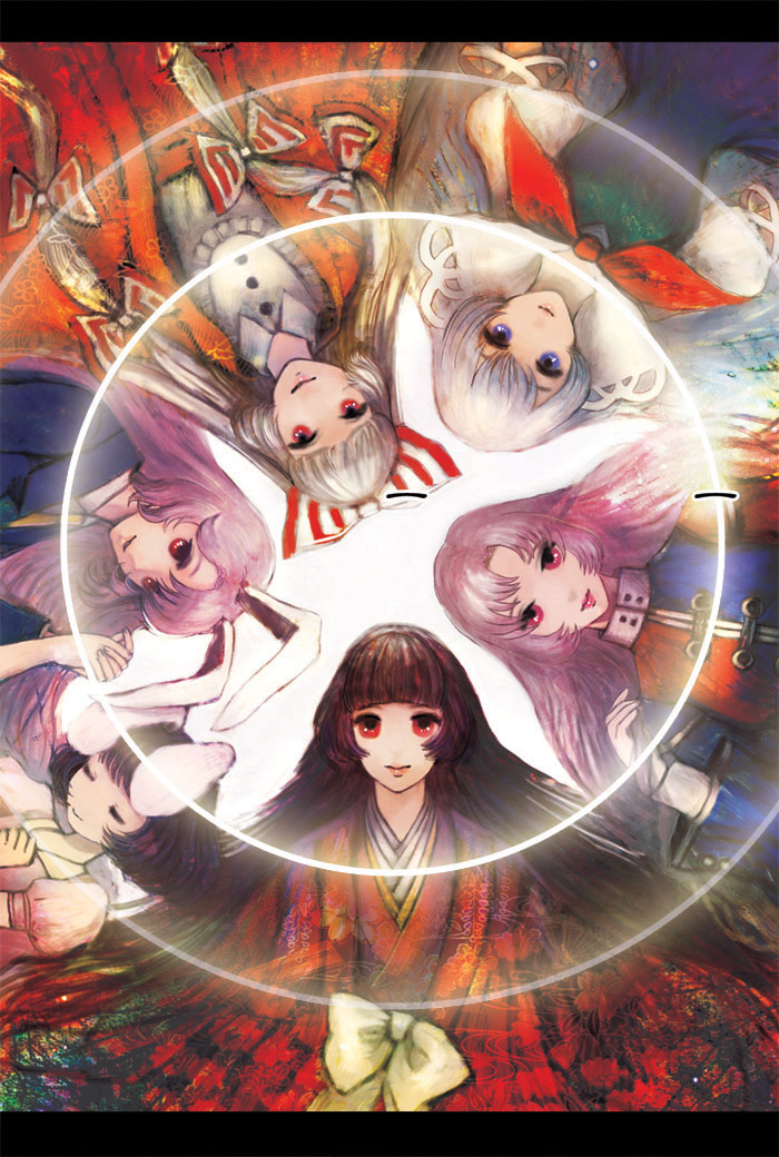 6+girls, animal_ears, black_hair, blue_eyes, bow, brown_hair, closed_eyes, dress_shirt