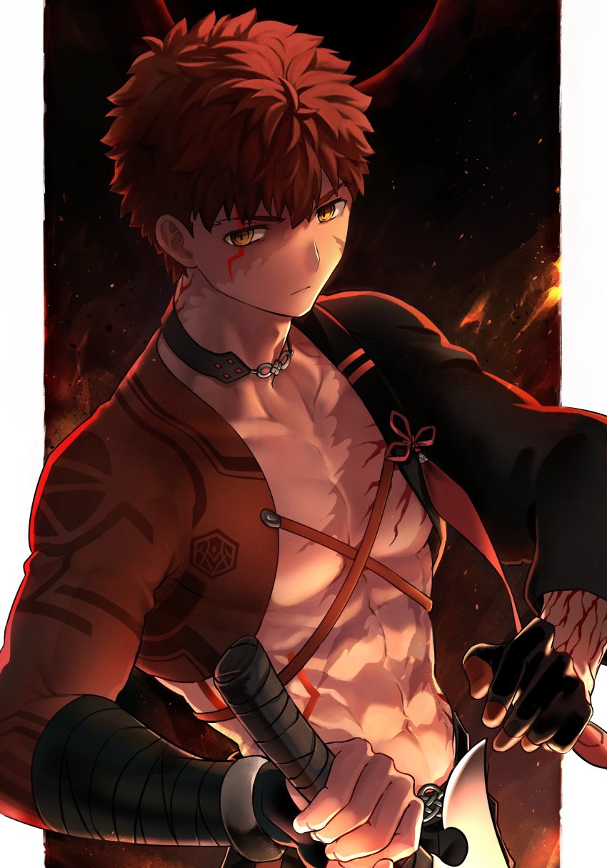 1boy, absurdres, alter_servant, angra_mainyu_(fate), belt, collar, corruption, dark_persona, emiya_shirou, emiya_shirou_(the_one_who_withstood_pain), expressionless, fate/grand_order, fate_(series), great_grail, highres, holding, holding_weapon, igote, looking_at_viewer, male_focus, okonon_(kado_colda), possessed, possession, red_hair, scar, scar_across_eye, scar_on_arm, scar_on_chest, scar_on_face, senji_muramasa_(fate), solo, toned, toned_male, topless_male, upper_body, weapon, wide_sleeves, yellow_eyes