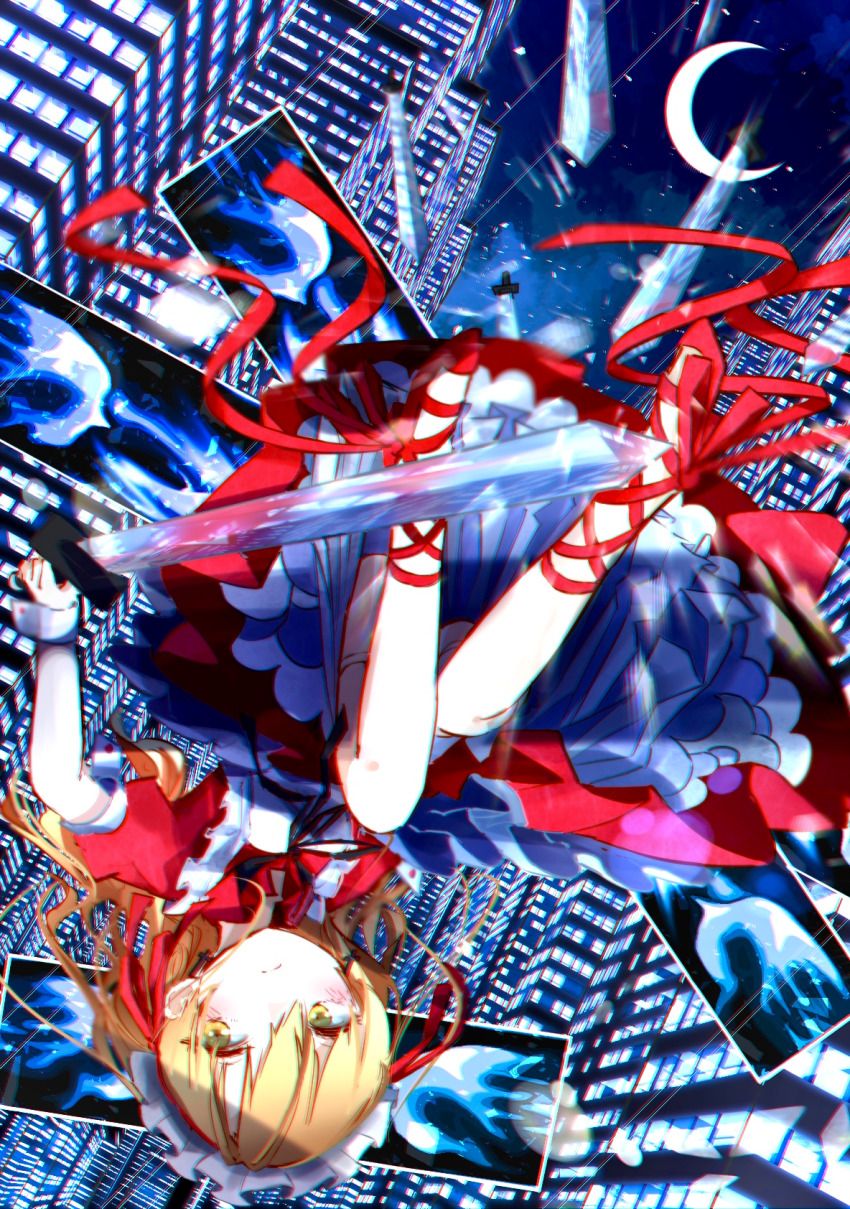 1girl, arawara, blonde_hair, bow, building, cross-laced_footwear, dress, frilled_dress, frills, hat, high_heels, highres, long_hair, maid, maid_headdress, moon, multiple_weapons, red_dress, red_footwear, ribbon, skirt, sword, tiles, touhou, touhou_(pc-98), underskirt, upside-down, weapon, white_skirt, yellow_eyes, yumeko_(touhou)