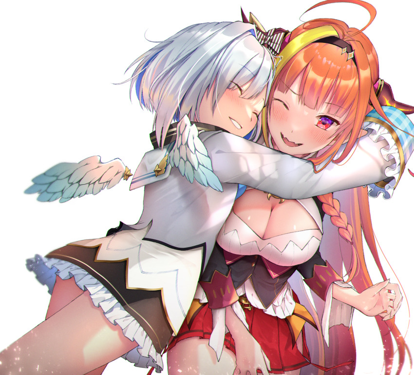 2girls, absurdres, ahoge, amane_kanata, amane_kanata_(1st_costume), angel, angel_wings, black_dress