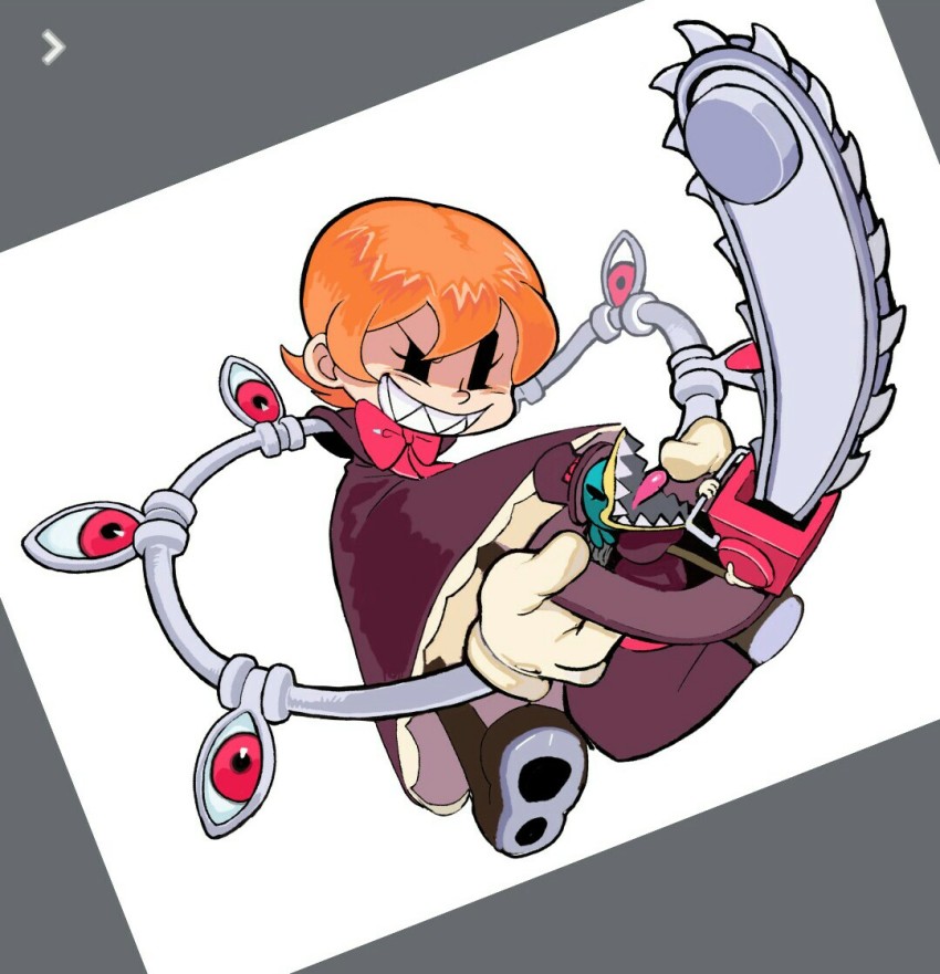 1girl, avery_(skullgirls), beak, bird, bow, bowtie, chainsaw, cyborg