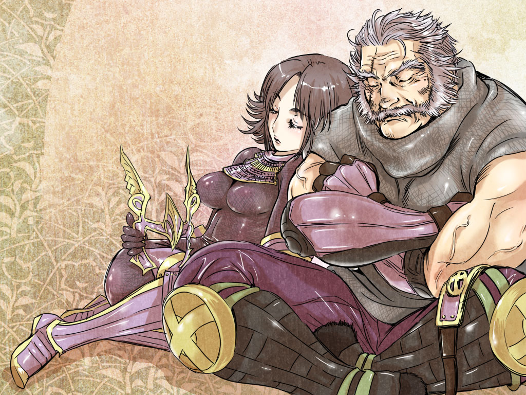armor, bodysuit, brown_hair, crown, facial_hair, geru_(anorexia), grey_hair, scar, sengoku_musou, sengoku_musou_3, shimazu_yoshihiro_(sengoku_musou), short_hair, sitting, sleeping, tachibana_ginchiyo_(sengoku_musou)