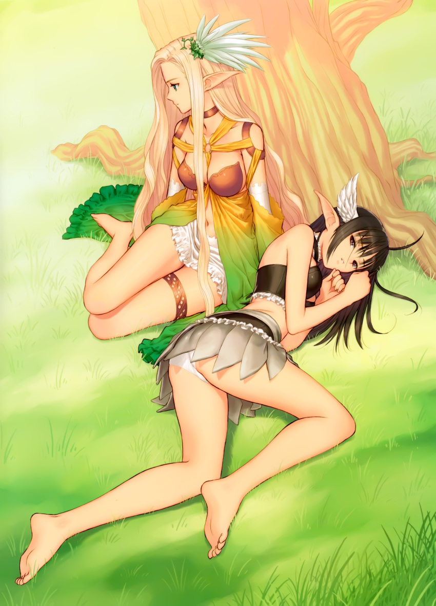 2girls, absurdres, ass, barefoot, black_hair, blonde_hair, celestia, elf, eternal_forest's_chanting, feet, grass, head_wings, highres, legs, long_hair, long_legs, lying, multiple_girls, outdoors, panties, pantyshot, pointy_ears, sega, shining_(series), shining_wind, sitting, soles, toes, tony_taka, underwear, wings, xecty_ein