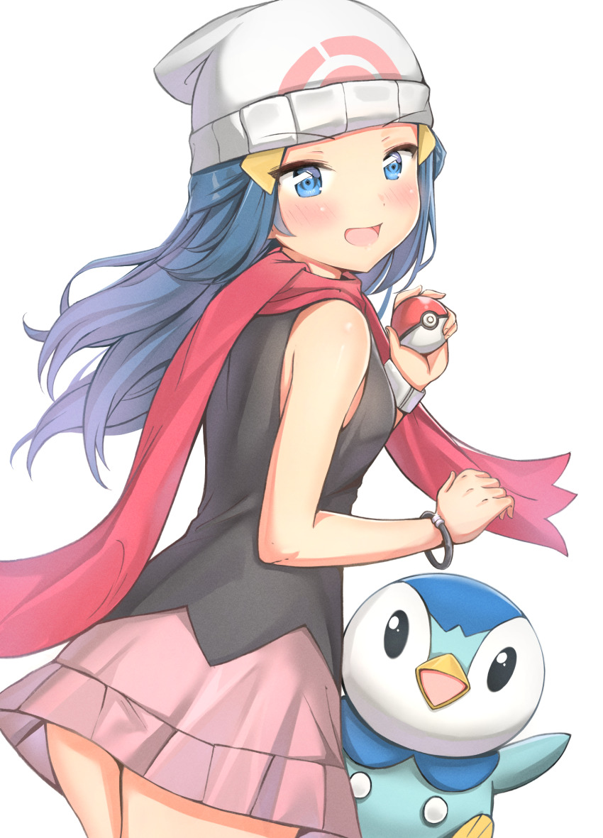 1girl, absurdres, bare_shoulders, black_shirt, blue_eyes, blue_hair, blush, dawn_(pokemon)