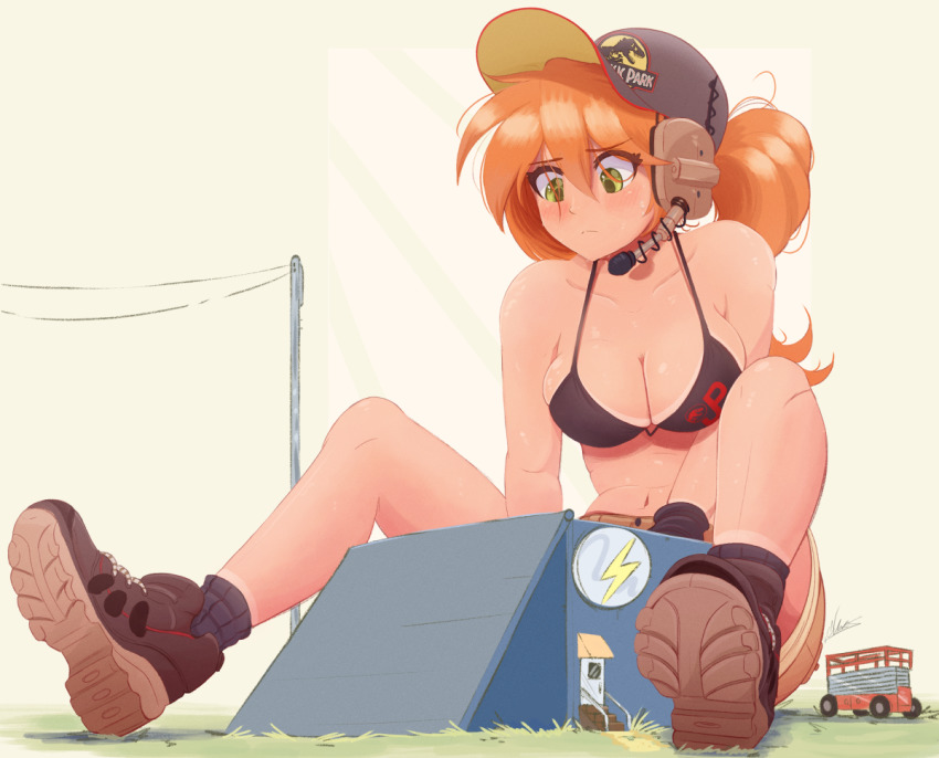 1girl, bikini, breasts, building, cleavage, electricity, giant, giantess, hat, headset, jen_(raps), jurassic_park, large_breasts, medium_hair, navel, orange_hair, ponytail, raps_(yohomeboyraps), solo, swimsuit