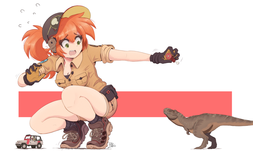 boots, breasts, cleavage, dinosaur, giant, giantess, green_eyes, hat
