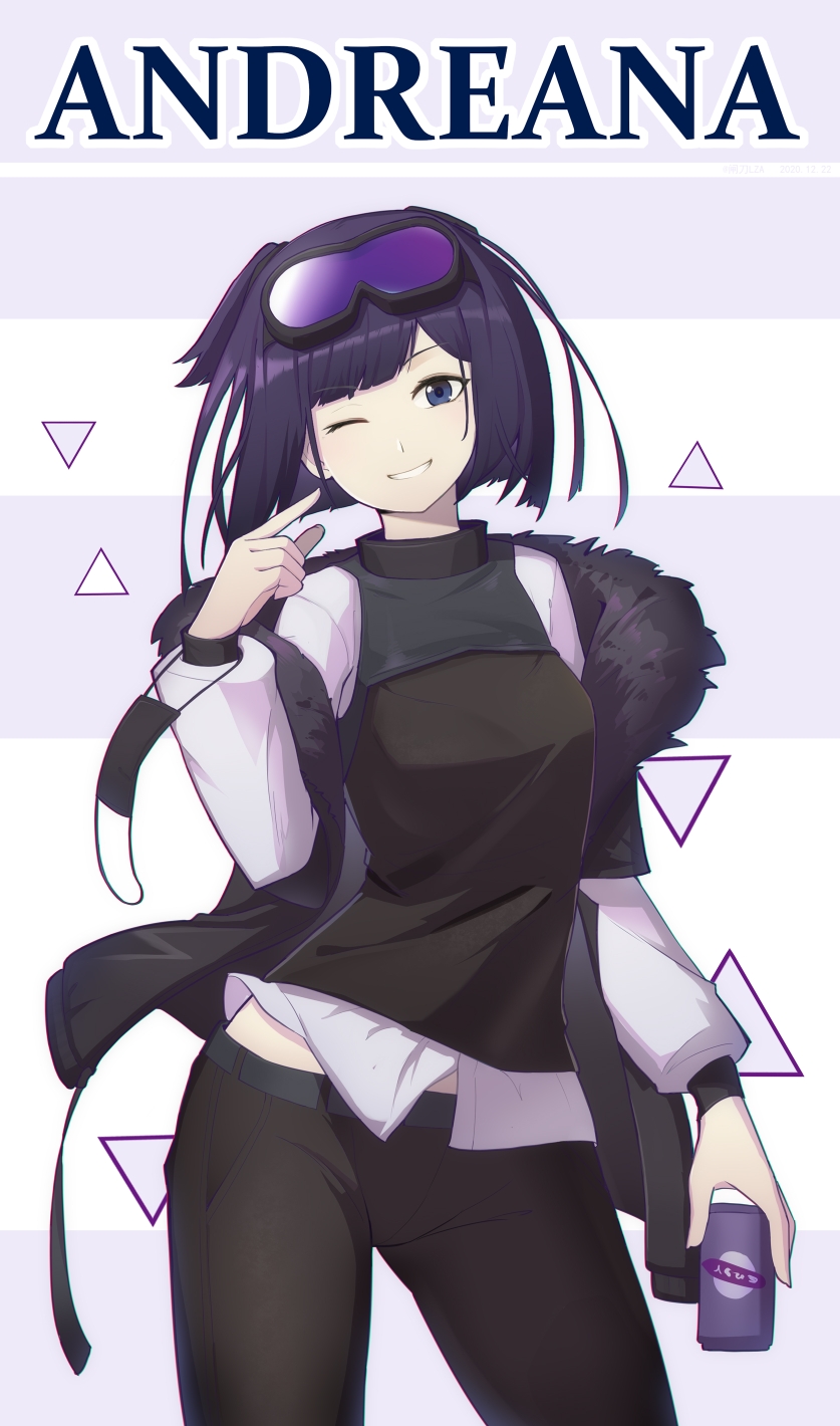 1girl, andreana_(arknights), arknights, black_jacket, black_pants, black_shirt, blue_eyes, can