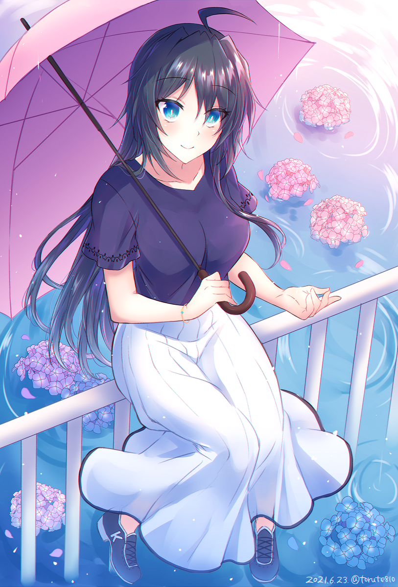1girl, ahoge, black_footwear, black_hair, black_shirt, blue_eyes, blue_flower, blush