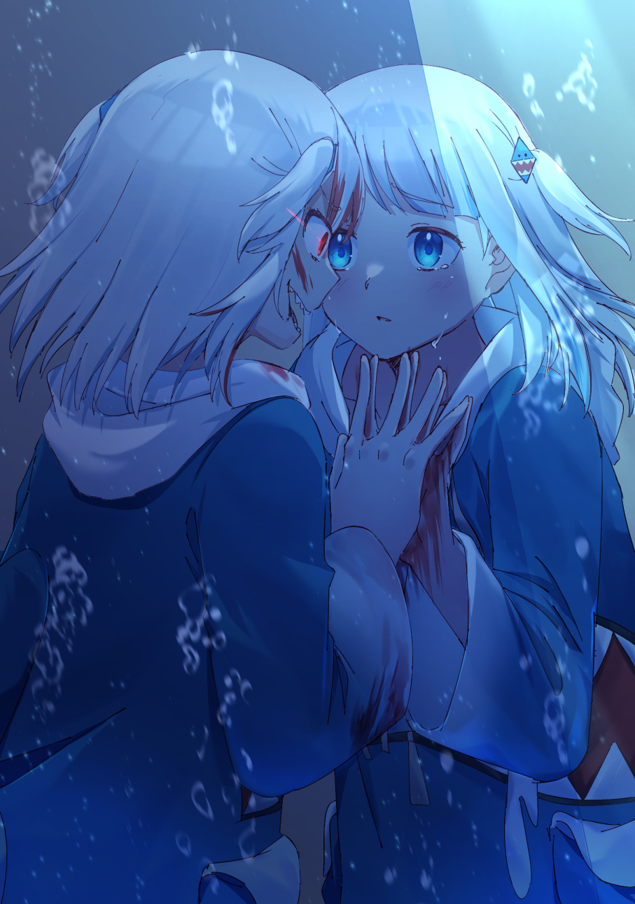 2girls, blood, blood_in_hair, blood_on_clothes, blood_on_face, blue_hair, bubble, commentary_request