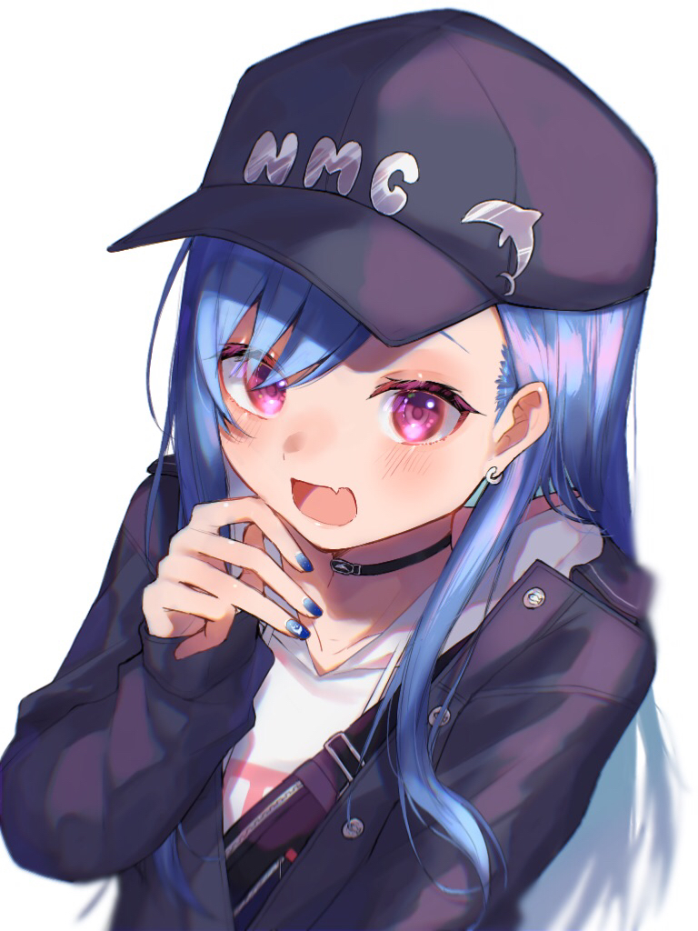 1girl, anatom_orange, bad_id, bad_pixiv_id, baseball_cap, black_choker, black_hat, black_jacket