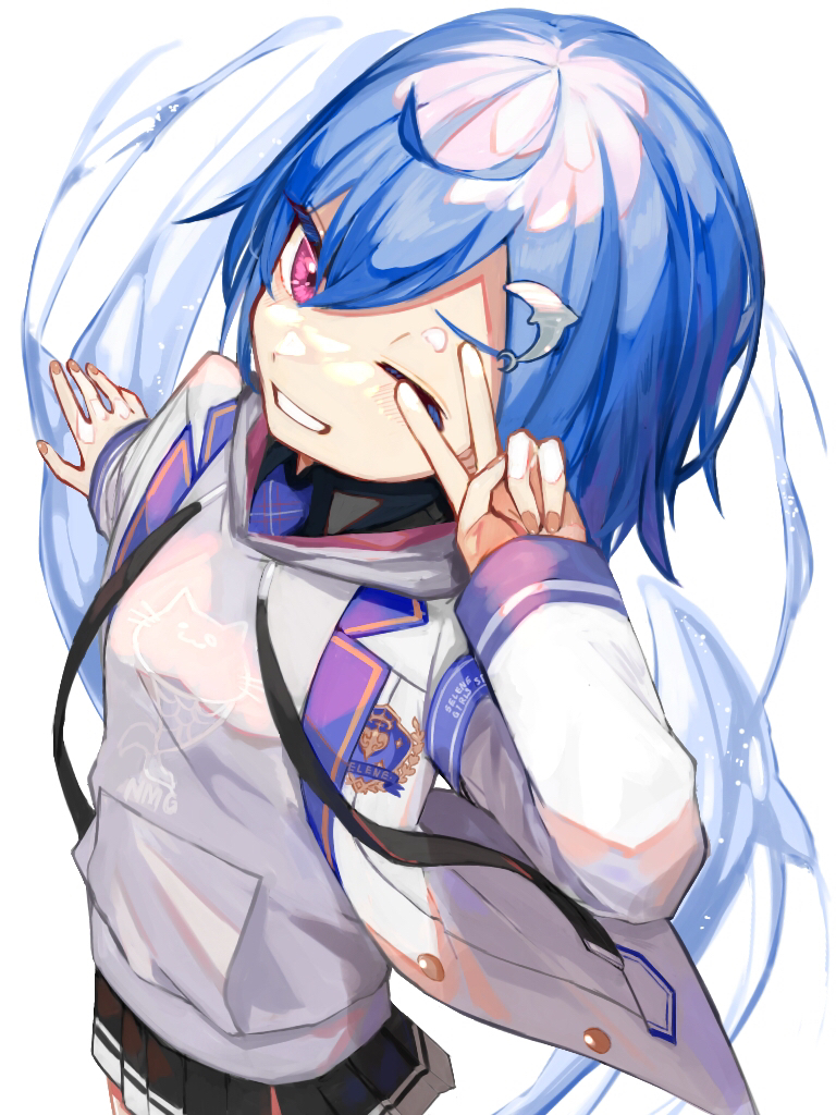 1girl, ahoge, anatom_orange, bad_id, bad_pixiv_id, black_skirt, blazer, blue_hair