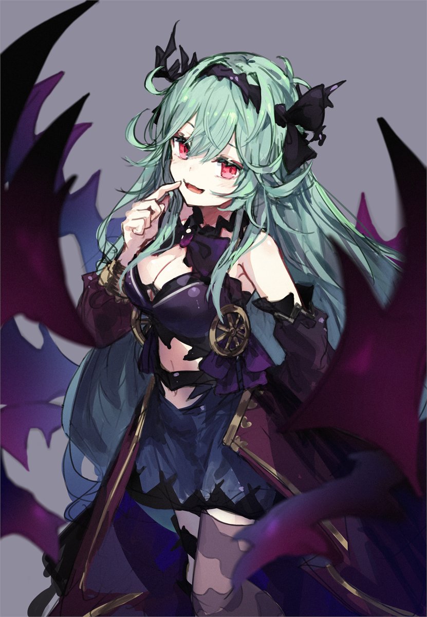 1girl, aqua_hair, breasts, chaos_aurora_(grimms_notes), detached_sleeves, dress, finger_to_mouth, grey_background