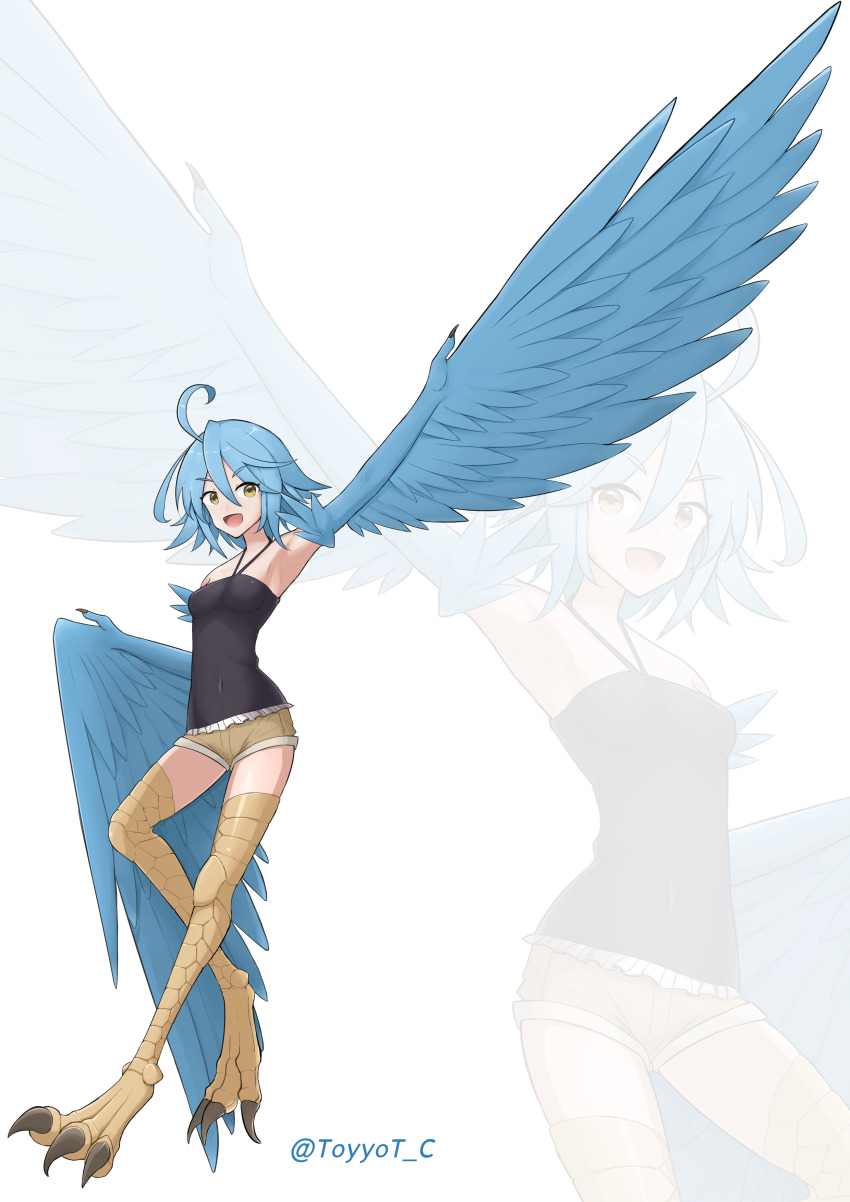 1girl, absurdres, ahoge, bare_shoulders, bird_legs, black_shirt, blouse, blue_feathers, blue_hair, blue_wings, breasts, commentary_request, covered_navel, digitigrade, feathered_wings, feathers, hair_between_eyes, harpy, highres, monster_girl, monster_musume_no_iru_nichijou, navel, open_mouth, outstretched_arm, papi_(monster_musume), shirt, short_hair, short_shorts, shorts, simple_background, sleeveless, sleeveless_shirt, small_breasts, smile, solo, talons, toyyot, twitter_username, white_background, winged_arms, wings, yellow_eyes