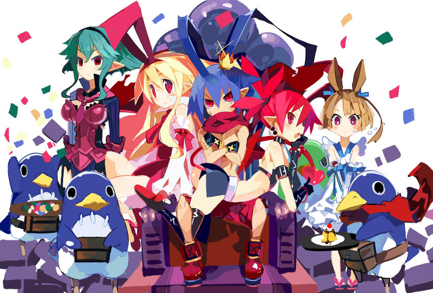 1boy, 4girls, absurdres, ahoge, barbara_(disgaea), blonde_hair, blue_hair, boots