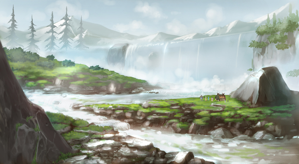 2boys, 2girls, bad_id, bad_pixiv_id, day, feena_(grandia), gadwin_(grandia), game_arts, grandia, grandia_i, green_hair, hirokiku, justin_(grandia), landscape, multiple_boys, multiple_girls, nature, purple_hair, river, scenery, sky, sue_(grandia), tent, tree, water, waterfall