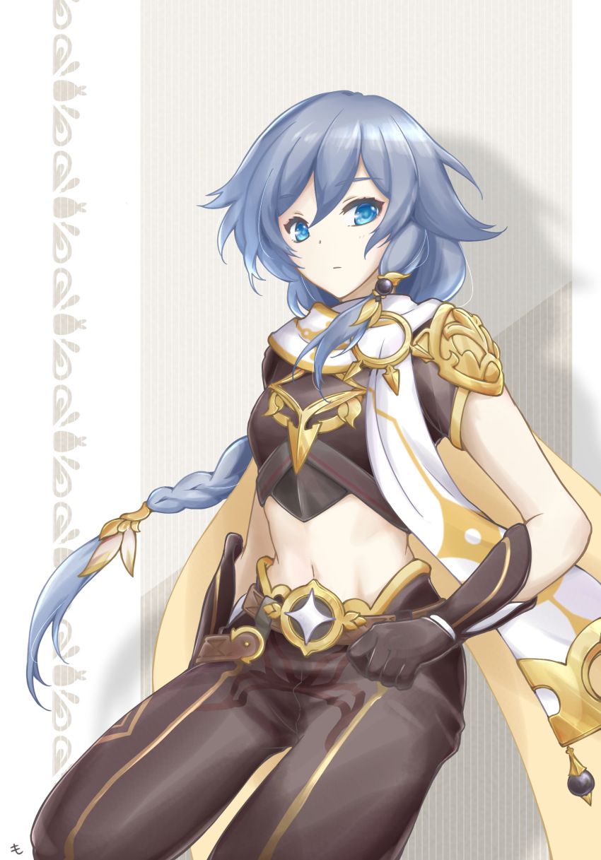 1girl, aether_(genshin_impact), aether_(genshin_impact)_(cosplay), black_hair, blue_eyes, breasts, brown_gloves, cape