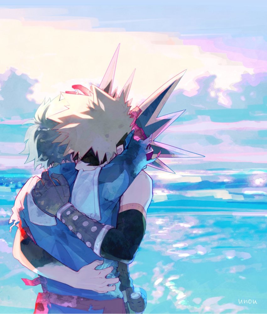 2boys, bad_id, bad_twitter_id, bakugou_katsuki, bare_shoulders, belt, black_sleeves, blonde_hair