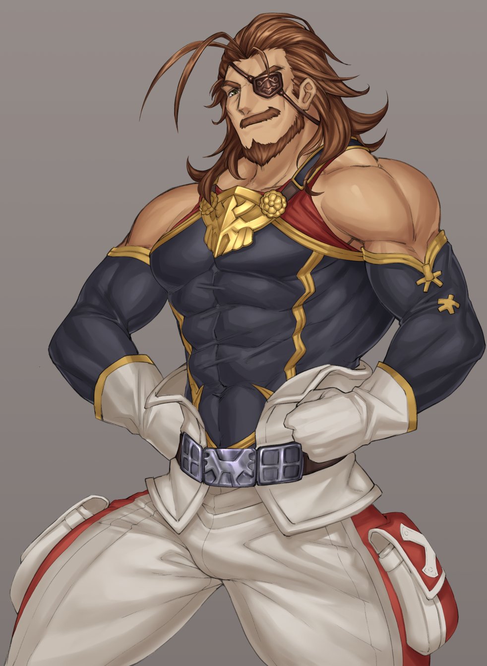 1boy, bara, bare_shoulders, beard, brown_eyes, brown_hair, bulge, covered_abs, covered_navel, detached_sleeves, energy_camdy, eugen_(granblue_fantasy), eyepatch, facial_hair, granblue_fantasy, highres, male_focus, mature_male, medium_hair, muscular, muscular_male, mustache, pants, pectorals, sideburns, sidepec, solo, white_pants