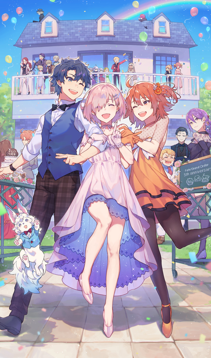 6+boys, 6+girls, absurdres, ahoge, altera_(fate), artoria_pendragon_(fate), back, balloon, bare_legs, bedivere_(fate), black_eyes, black_hair, black_legwear, bow, breasts, bug, butterfly, closed_mouth, dress, edmond_dantes_(fate), fate/grand_order, fate_(series), fou_(fate), frankenstein's_monster_(fate), fujimaru_ritsuka_(female), fujimaru_ritsuka_(female)_(starlight_fest), fujimaru_ritsuka_(male), fujimaru_ritsuka_(male)_(starlight_fest), fuuma_kotarou_(fate), gawain_(fate), gilgamesh_(fate), gloves, goredolf_musik, hair_ribbon, hat, highres, horns, house, huge_filesize, insect, jack_the_ripper_(fate/apocrypha), jeanne_d'arc_(fate), jeanne_d'arc_alter_santa_lily_(fate), lancelot_(fate/grand_order), leonardo_da_vinci_(caster)_(fate), leonardo_da_vinci_(fate), leonardo_da_vinci_(formal_dress)_(fate), long_hair, mash_kyrielight, mash_kyrielight_(formal_dress), mordred_(fate), mordred_(fate/apocrypha), multiple_boys, multiple_girls, necktie, nursery_rhyme_(fate), official_alternate_costume, one_eye_closed, open_mouth, pants, paul_bunyan_(fate), purple_eyes, purple_hair, ribbon, romani_archaman, saber_(fate), scarf, sherlock_holmes_(fate), shirt, short_hair, sion_eltnam_(type-moon), sion_eltnam_atlasia, sion_eltnam_sokaris, skirt, smile, thighhighs, tristan_(fate), tuze111