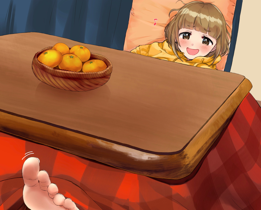 1girl, barefoot, blush, bob_cut, brown_hair, curtains, feet, food, fruit, highres, hood, hoodie, idolmaster, idolmaster_cinderella_girls, indoors, kitami_yuzu, kotatsu, musical_note, orange_(fruit), short_hair, solo, table, yellow_hoodie, yuzuhota0313