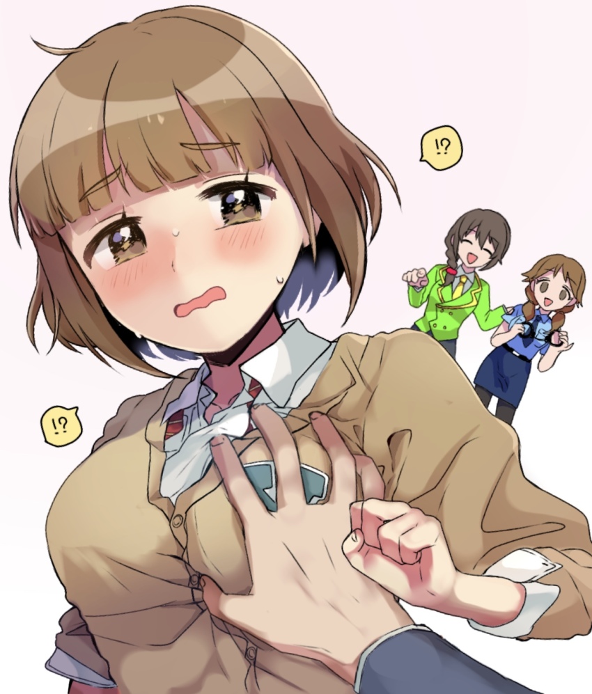 !?, 1boy, 3girls, blush, bob_cut, braid, brown_hair, cardigan, cuffs, grabbing_another's_breast, green_jacket, groping, handcuffs, highres, idolmaster, idolmaster_cinderella_girls, jacket, katagiri_sanae, kitami_yuzu, multiple_girls, necktie, police, police_uniform, pov, school_uniform, senkawa_chihiro, shirt, spoken_interrobang, white_shirt, yuzuhota0313