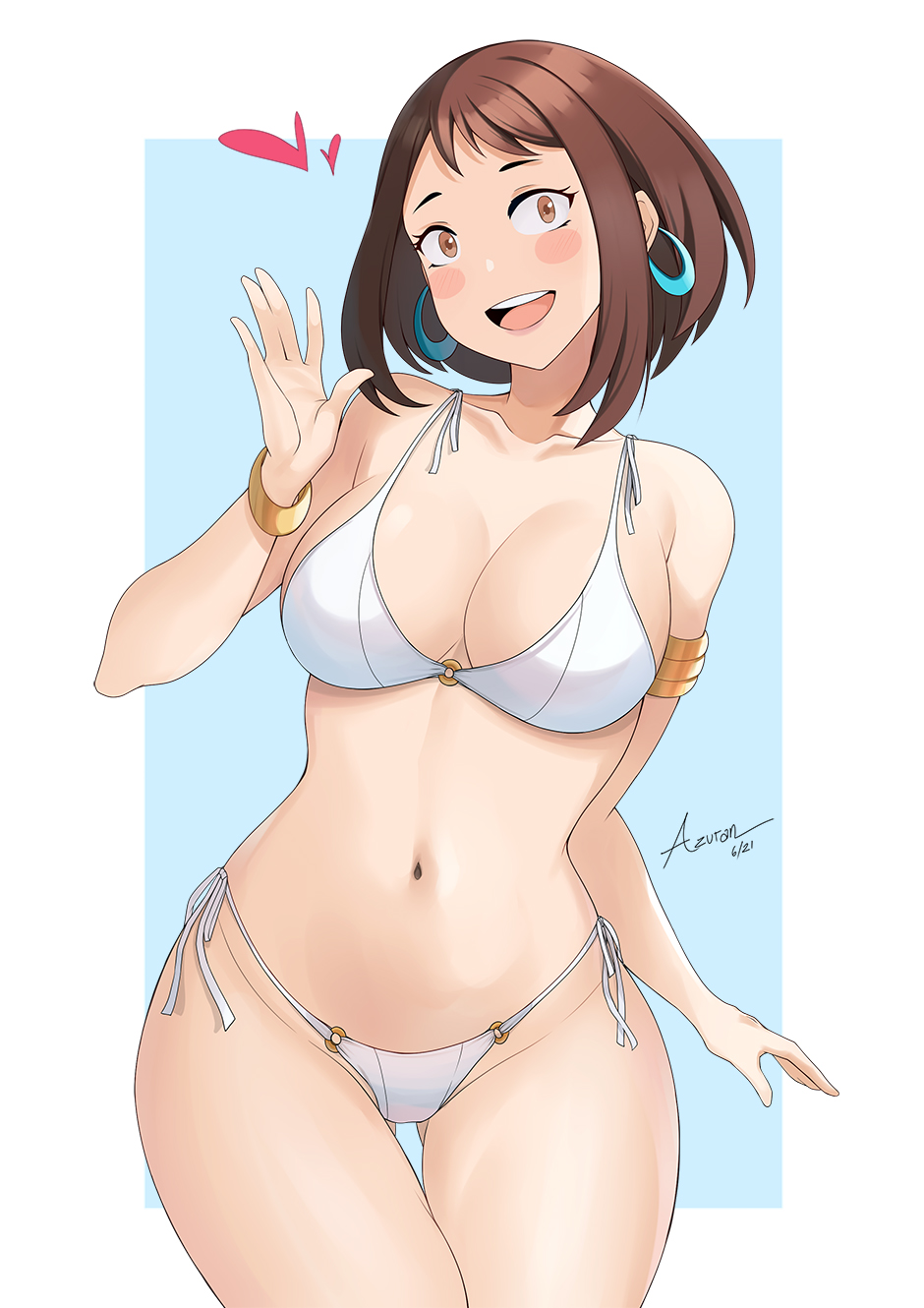 1girl, azuran0, bikini, blush_stickers, boku_no_hero_academia, breasts, brown_eyes, brown_hair, cleavage, commentary, earrings, english_commentary, highres, jewelry, large_breasts, looking_at_viewer, navel, short_hair, side-tie_bikini_bottom, sidelocks, smile, solo, swimsuit, two-tone_background, uraraka_ochako, white_bikini