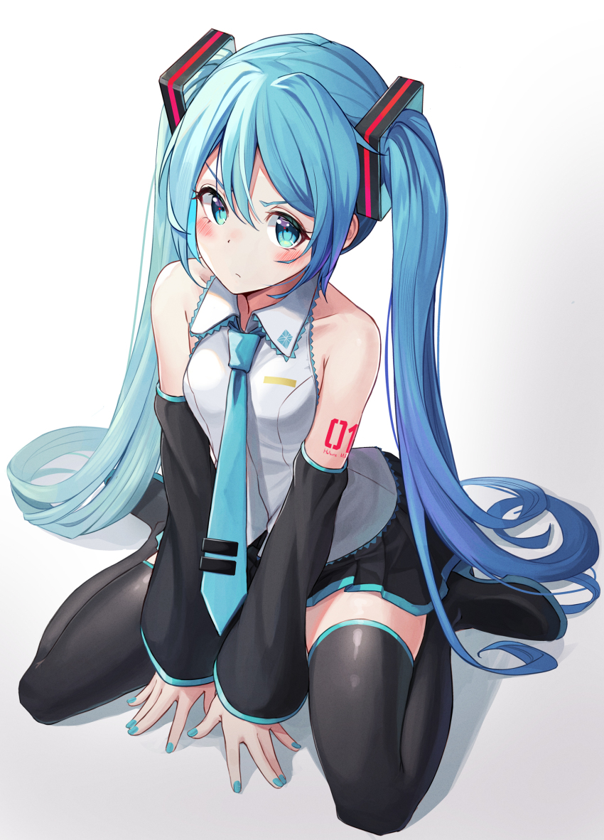 1girl, angry, aqua_eyes, aqua_nails, aqua_necktie, bare_shoulders, between_legs, bib_(bibboss39)