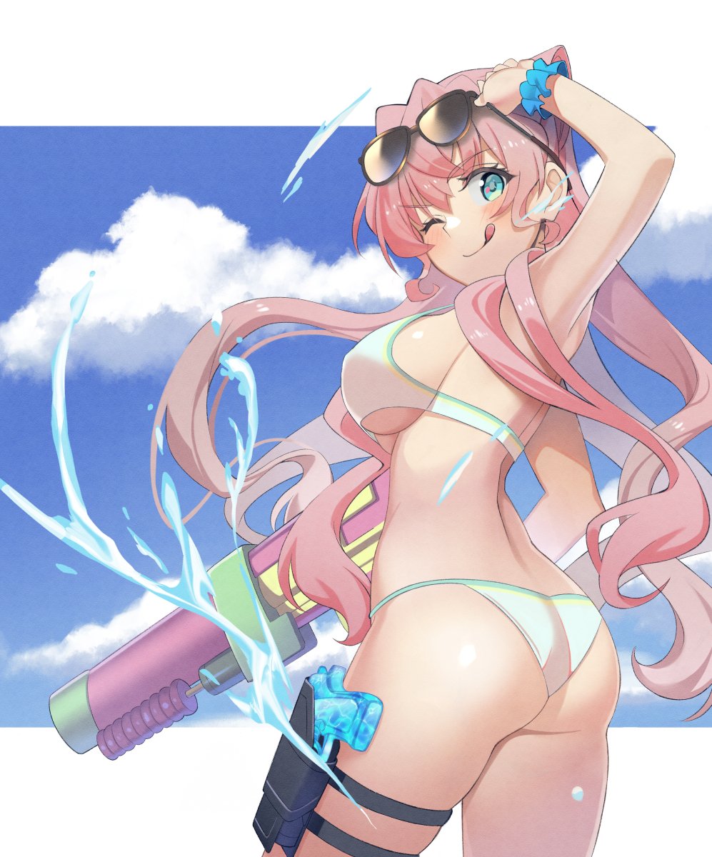 1girl, ass, bikini, blue_eyes, breasts, day, from_behind, halterneck, highres, holding, holding_water_gun, holster, large_breasts, long_hair, looking_at_viewer, looking_back, maria_cadenzavna_eve, one_eye_closed, pink_hair, senki_zesshou_symphogear, shiny_skin, skindentation, splashing, standing, string_bikini, sunglasses, swimsuit, thigh_holster, thigh_strap, toy_gun, ueyasu, water, water_gun, wet, white_bikini
