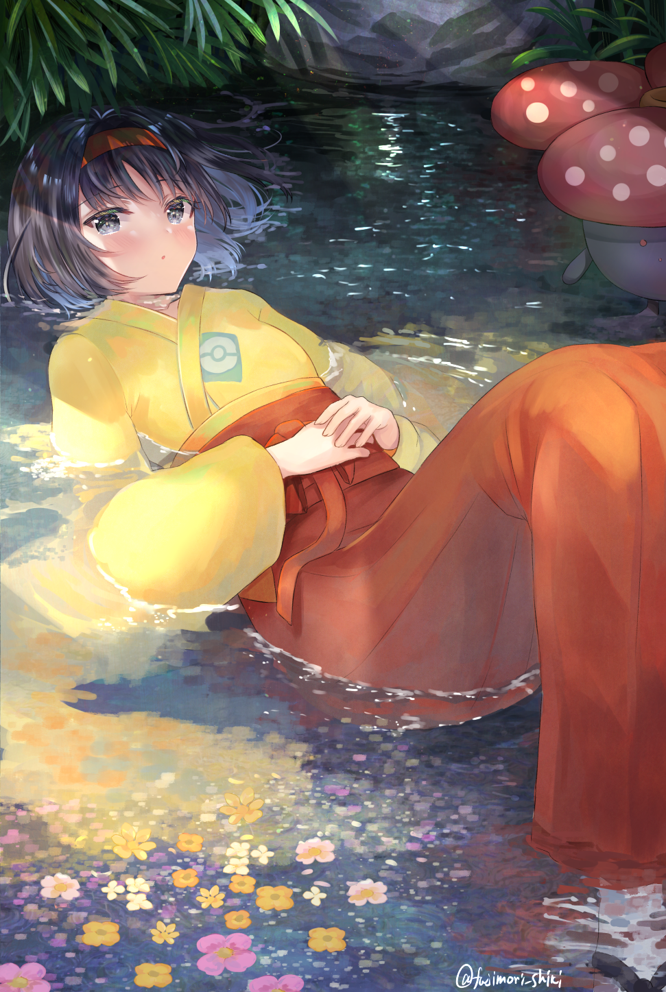 1girl, black_hair, blush, commentary_request, erika_(pokemon), flower, fujimori_shiki, gen_1_pokemon, grey_eyes, gym_leader, hairband, hakama, hakama_skirt, hands_on_own_stomach, highres, japanese_clothes, kimono, light_beam, long_sleeves, lying, nintendo, on_back, orange_flower, orange_hairband, orange_hakama, own_hands_together, partially_submerged, poke_ball_print, pokemon, pokemon_(creature), pokemon_firered_and_leafgreen, ripples, short_hair, skirt, vileplume, water, wide_sleeves, yellow_kimono