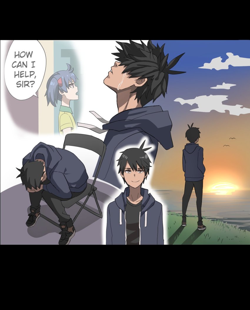 1boy, 1girl, black_hair, black_shirt, crying, english_text, highres, hood