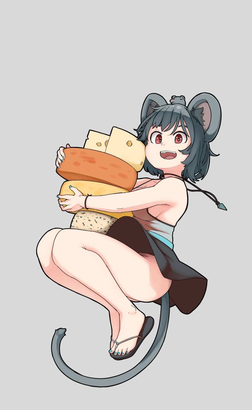 1girl, absurdres, animal_ears, aqua_nails, ass, bracelet, breasts, cheese, cheese_wheel, flip-flops, food, full_body, grey_background, grey_hair, guppydesu, highres, jewelry, medium_breasts, miniskirt, mouse_(animal), mouse_ears, mouse_tail, nail_polish, nazrin, necklace, no_panties, open_mouth, pendant, red_eyes, sandals, short_hair, simple_background, skirt, solo, swiss_cheese, tail, teeth, thighs, toenail_polish, toenails, touhou, upper_teeth_only
