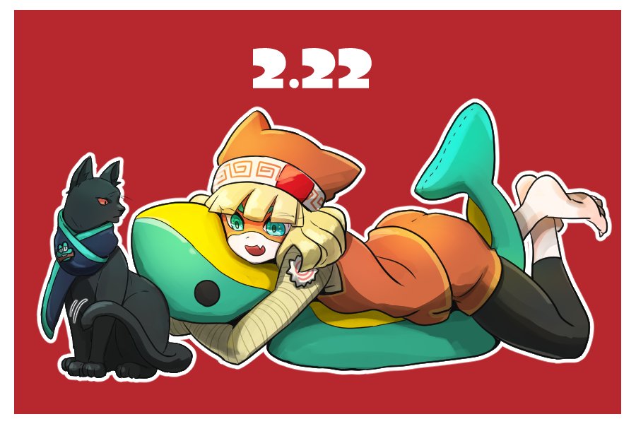 1girl, 2018, arms_(game), barefoot, beanie, black_cat, blonde_hair, cat, cat_girl, colk_(colk_com), domino_mask, eye_mask, fang, green_eyes, hat, hugging_object, lying, mask, min_min_(arms), nintendo, on_stomach, pillow, pillow_hug, red_background, scarf, solo