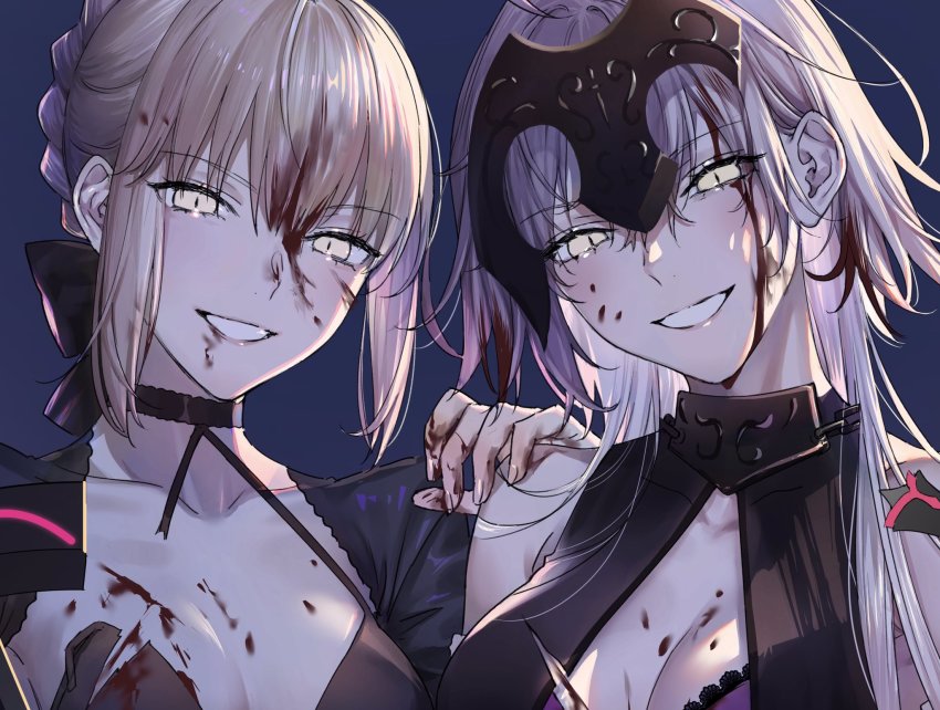 2girls, artoria_pendragon_(fate), avenger_class_(fate), blonde_hair, blood, blood_on_chest, blood_on_clothes, blood_on_face