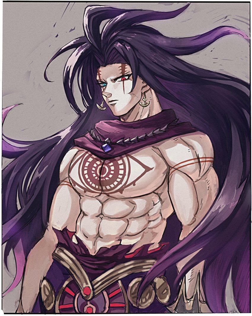 1boy, absurdres, black_hair, blue_eyes, body_markings, chaos_frankenstein_(grimms_notes), earrings, frown, grey_background, grimms_notes, heterochromia, highres, jewelry, long_hair, male_focus, mamefuku_(mamedehuku), muscular, purple_hair, red_eyes, scar, scar_across_eye, scar_on_face, solo, topless_male