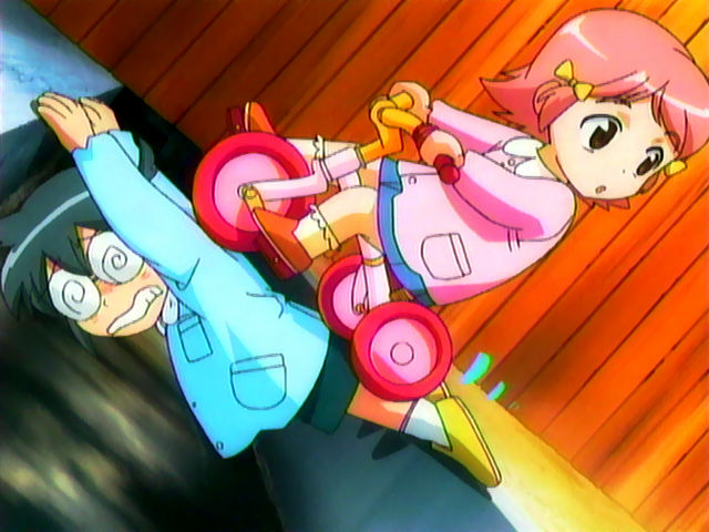 00s, 1boy, 1girl, @_@, bridge, dutch_angle, kage_kara_mamoru!, kindergarten