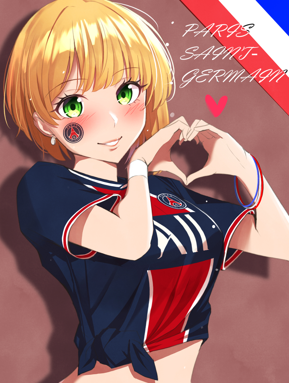 1girl, blonde_hair, blue_shirt, blush, bracelet, breasts, brown_background, clothes_writing