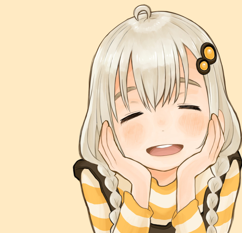 1girl, ahoge, black_overalls, braid, cheek_rest, closed_eyes, commentary, facing_viewer