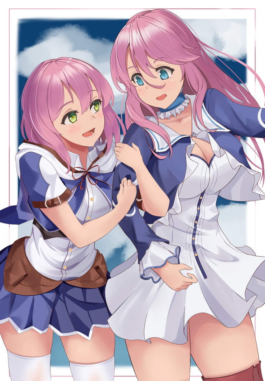 2girls, :d, absurdres, blush, breasts, choker, cleavage, dress