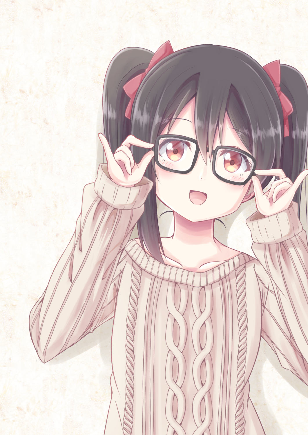 1girl, beige_sweater, bespectacled, black_hair, blush, chiro_(bocchiropafe), facing_viewer, glasses