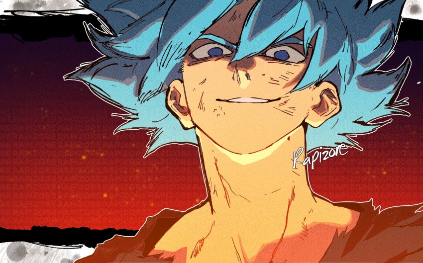 1boy, artist_name, blue_eyes, blue_hair, bonesaw_(rdkshinku), derivative_work, dirty, dirty_face