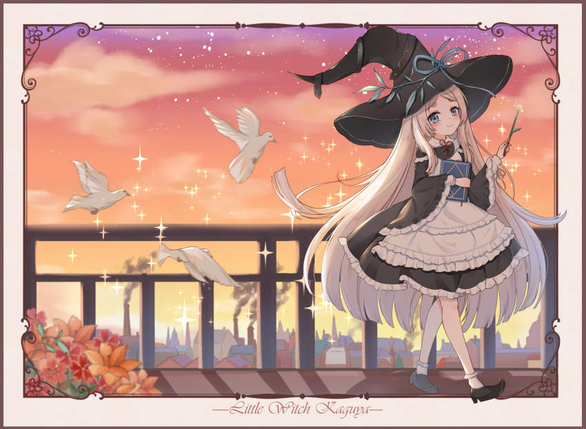 1girl, bird, blue_eyes, dove, flower, hat, highres, holding