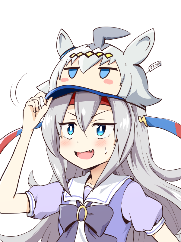 1girl, ahoge, blouse, blue_eyes, blush_stickers, fang, horseshoe, hoxutixu, jitome, oguri_cap_(umamusume), price_tag, pun, purple_shirt, shirt, short_sleeves, silver_hair, solo, sweatdrop, tamamo_cross_(umamusume), too_literal, umamusume, upper_body