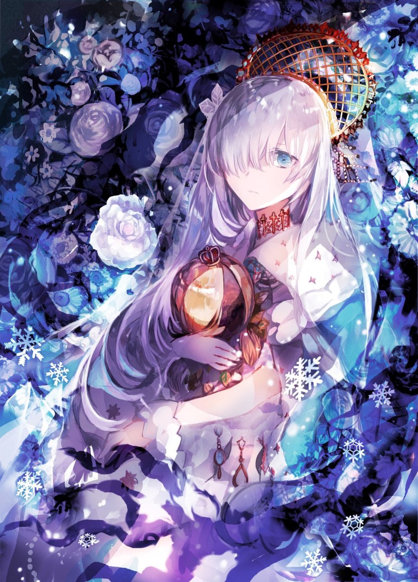 1girl, anastasia_(fate), anastasia_(third_ascension)_(fate), blue_eyes, cloak, dress, fate/grand_order, fate_(series), floral_background, hair_between_eyes, hair_over_one_eye, highres, holding, jewelry, long_hair, neck_ring, rioka_(southern_blue_sky), royal_robe, silver_hair, solo, viy_(fate), white_dress