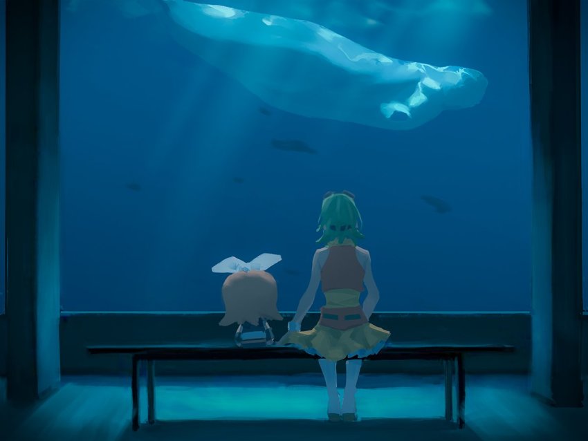 1girl, aquarium, blonde_hair, boots, bow, caustics, character_doll, commentary