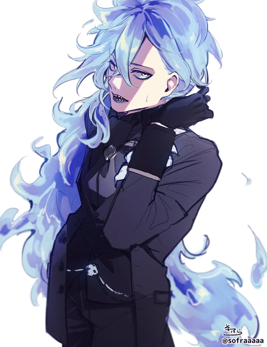 1boy, absurdres, black_gloves, black_jacket, black_neckwear, black_pants, black_shirt, black_vest, blue_hair, blue_lips, commentary_request, fiery_hair, gloves, hair_between_eyes, hand_up, highres, idia_shroud, idia_shroud_(suitor_suit), jacket, long_hair, long_sleeves, looking_at_viewer, male_focus, open_clothes, open_jacket, open_mouth, pants, sharp_teeth, shirt, signature, simple_background, sofra, solo, sweat, teeth, twisted_wonderland, twitter_username, very_long_hair, vest, white_background, yellow_eyes