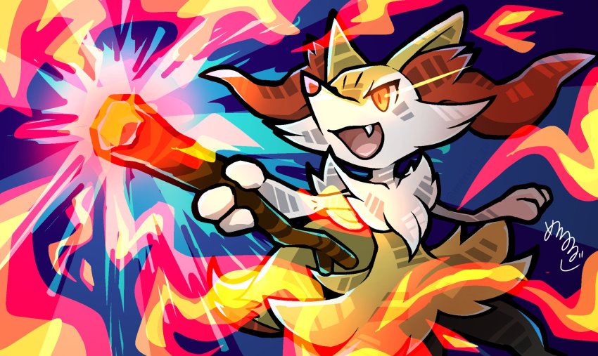 :d, animal_ear_fluff, braixen, commentary, eye_trail, fang, fangs, fire, from_below, gen_6_pokemon, glowing, glowing_eyes, highres, holding, holding_stick, light_trail, meruru_gu, nintendo, open_mouth, orange_eyes, outstretched_arm, pokemon, pokemon_(creature), smile, solo, squiggle, stick, tongue, white_fur, yellow_fur