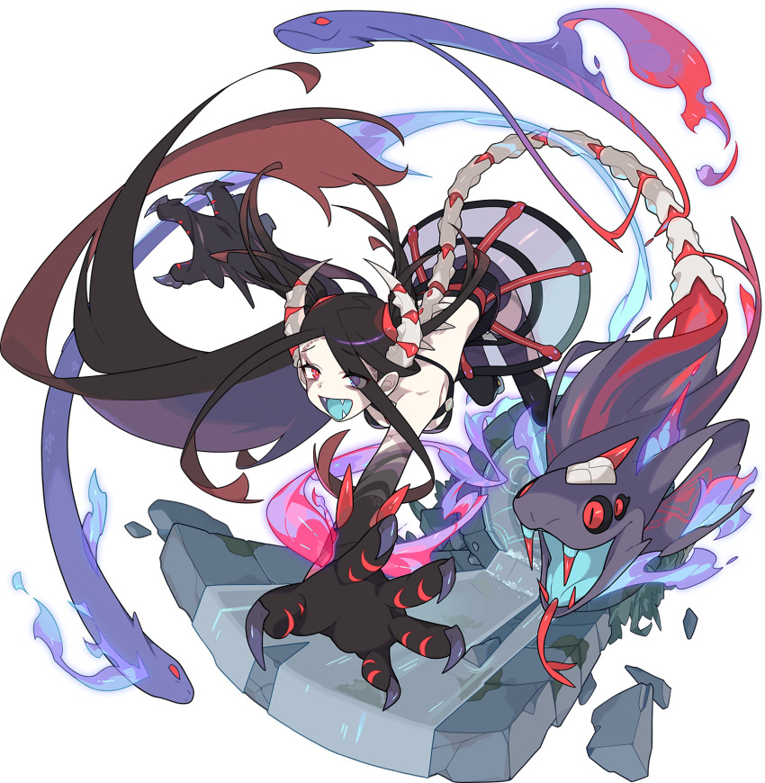 1girl, arm_tattoo, arm_up, artist_request, aura, bags_under_eyes, bandeau, bare_shoulders, belt, bike_shorts, black_footwear, black_sclera, black_skin, black_skirt, black_thighhighs, blood, blue_tongue, bone, boots, breasts, brick_wall, brown_hair, claws, colored_sclera, colored_skin, colored_tongue, extra_eyes, eyes_visible_through_hair, facial_tattoo, fangs, female_focus, forehead, forked_tongue, from_above, full_body, gradient_hair, hair_ribbon, happy, heterochromia, highres, horns, jumping, karla_(world_flipper), kobu_(world_flipper), long_hair, looking_at_viewer, medium_breasts, midriff, miniskirt, moss, multicolored_hair, multicolored_skin, non-web_source, official_art, open_mouth, outstretched_arms, pale_skin, parted_bangs, purple_eyes, reaching, reaching_towards_viewer, red_eyes, red_ribbon, ribbon, scales, see-through_clothes, skirt, slit_pupils, smile, snake, snake_tattoo, spikes, tattoo, thigh_boots, thighhighs, tongue, torn_clothes, torn_footwear, torn_legwear, transparent_background, two-tone_skin, two_side_up, very_long_hair, water, world_flipper