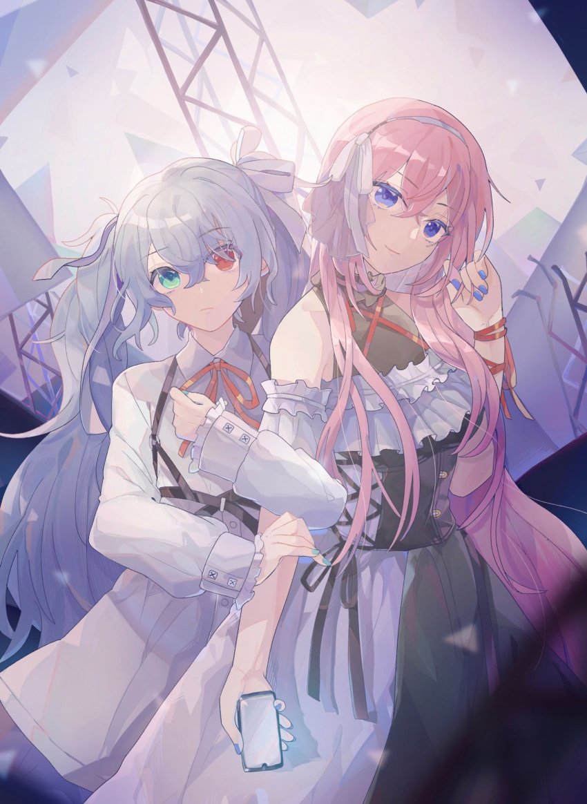 25-ji_luka, 25-ji_miku, 2girls, aqua_eyes, aqua_nails, arm_ribbon, bare_shoulders, black_dress