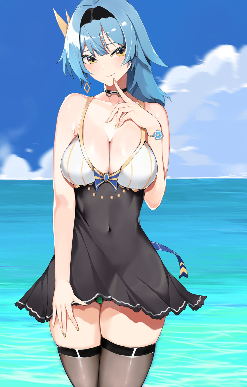 1girl, absurdres, asymmetrical_eyewear, bad_id, bad_pixiv_id, bare_shoulders, beach, black_thighhighs, blue_hair, blue_sky, blush, breasts, choker, cleavage, dress, earrings, eula_(genshin_impact), finger_to_mouth, genshin_impact, hair_ornament, headband, highres, jewelry, large_breasts, looking_at_viewer, mutsu_ane_daisuki, navel, ocean, outdoors, panties, pantyshot, sky, smile, solo, standing, thick_thighs, thighhighs, thighs, underwear, water, yellow_eyes, zettai_ryouiki